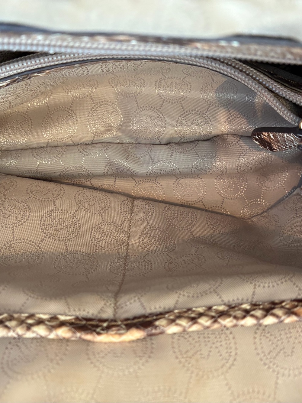 Michael Kors Brown and Tan Astor  Snake-Print Satchel - Picture 10 of 15